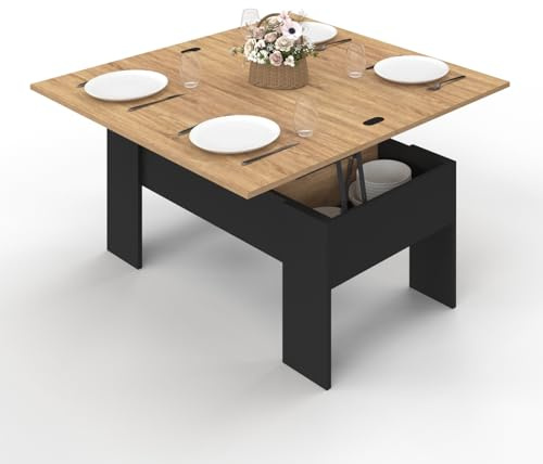IDMarket - Table Basse Plateau relevable rectangulaire Tara Bois Noir et Imitation hêtre