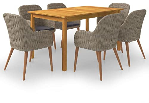JHQHSM 7-TLG. Gruppo da giardino marrone in legno di acacia con sedie in rattan PE e cuscini imbottiti per terrazze mobili da giardino