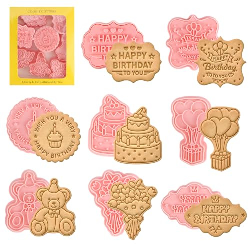 Moldes para Galletas,8 Piezas Cortadores de Galletas de Cumpleaños Plástico 3D Cortadores Galletas para Decorar Galletas Reposteria