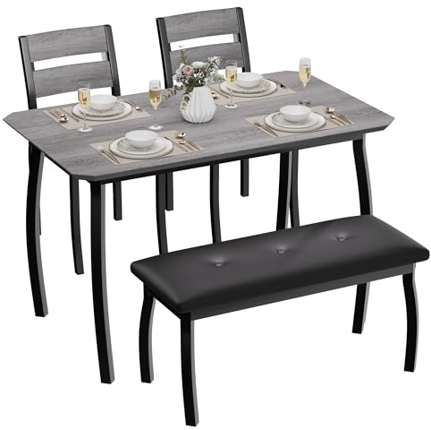 Thaookte Juego de mesa de cocina de 4 piezas, mesa de comedor con 2 sillas y bancos acolchados para espacios pequeños, mesa de comedor rectangular de metal y madera para 4, ideal para comedor y