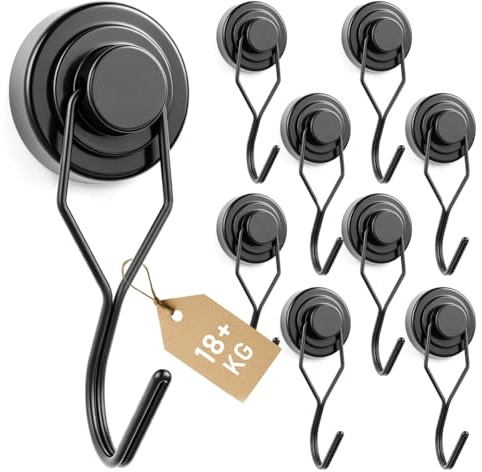 NogmeTaa Ganci magnetici extra forti, 25 mm, 18 kg, con magneti al neodimio, per officina, garage e campeggio, ganci neri girevoli e inossidabili, 9 pezzi
