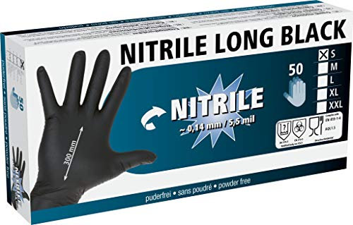 Kerbl 15323 Nitrile Lang Schwarz Einmalhandschuhe, 30cm Länge, XL, 50 Stück