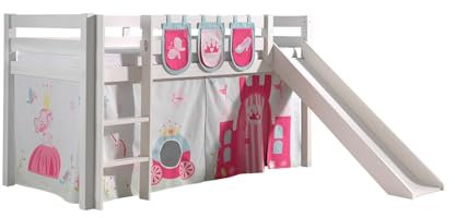 Spielbett inkl. Rutsche mit Textilset Vorhang & 3 Taschen Princes, Kiefer massiv weiß