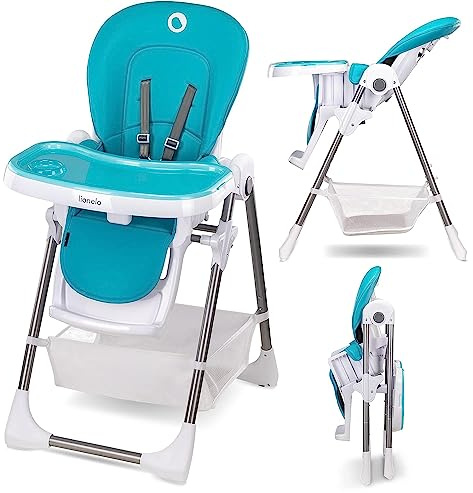 LIONELO Linn Plus chaise haute bébé, chaise haute pliable pour enfant, plateau amovible, hauteur réglable de 6 à 36 mois, ceintures de sécurité à 5 points, capacité de charge jusqu'à 15 kg (TURQUOISE)