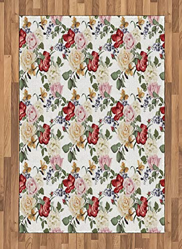 ABAKUHAUS Frühling Teppich, Flieder Rosen Blumen, Deko-Teppich Digitaldruck, Färben mit langfristigen Halt, 120 x 180 cm, Hellrosa Creme Grün und Rot