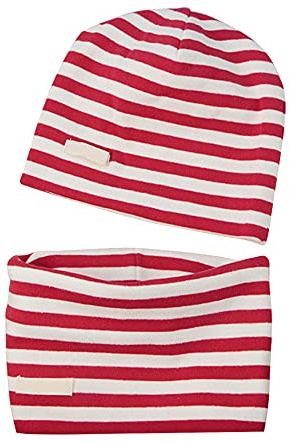 LACOFIA Baby Girls Beanie Hat and Collar Scarf Set Kids Super Soft Cotton Cap Infant Knit Hats and Bandana Scarves 2 Pack Red Stripe 7 Months to 2 Year M