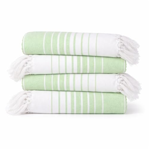 Native Fab Oversized Beach Towel, 4 Pack, 40x71 inches 100% Cotton Turkish Peshtemal for Adults,Soft & Absorbent, Extra Large Beach Towel for Hammam Spa Beach Blanket Bath, Cabana Strips, Green White