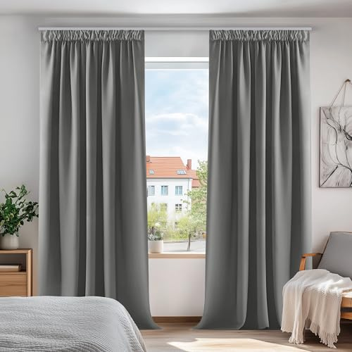 Deconovo ogenomskinliga gardiner termiska gardiner mörkläggningsgardiner med dragband, 210x140 cm (höjd x bredd), ljusgrå, uppsättning med 2