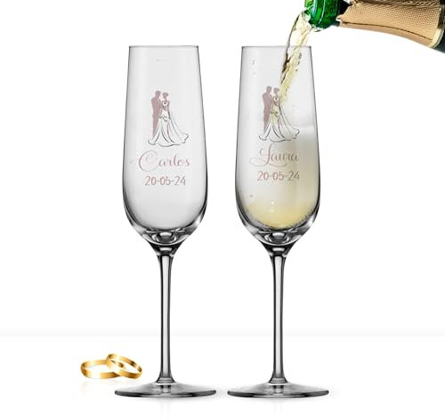Curia Grabador Copas Boda Grabadas Personalizadas - Brindis aniversario - Copas para Novios Boda con Nombre y Fecha - Copa de Cava para novios con Estuche incluido