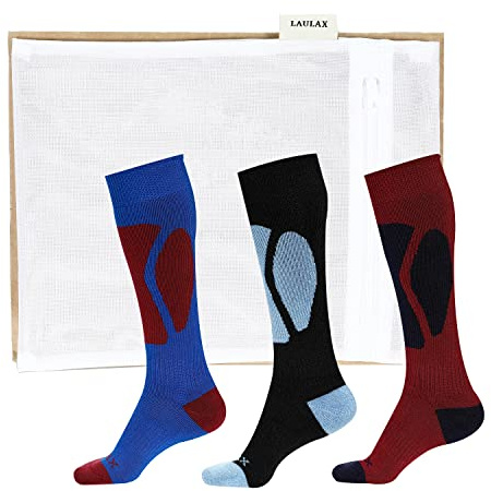 Laulax 3 Pairs Boys Cashmere-Like Long Hose Smooth Seamless Toe Winter Sports Ski Socks Gift Set, Size Junior UK 1-6 / Europe 33-39, Black, Blue, Burgundy