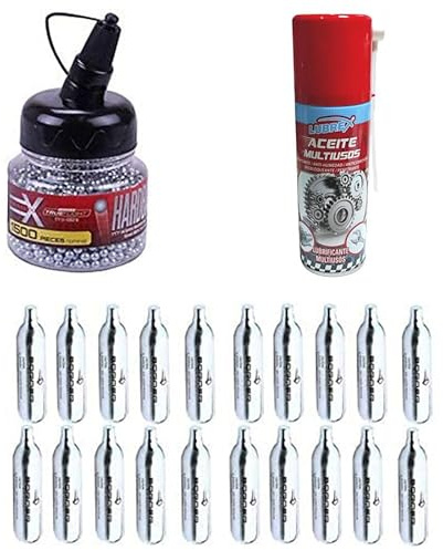 ECOMMUR Kit de consumibles para Pistolas de Bolas y CO2 | Balines BB's + bombonas de CO2 12gr Alto Rendimiento + Aceite Multiusos