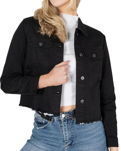 NOROZE Women's Denim Jacket Cropped Denim Jacket Women Ripped Self Fabric Distressed Hem Casual Jean Coat UK sizes 8-20