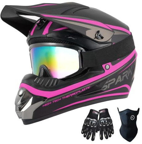 TTMiku Youth Kids Dirt Bike Helmet Motocross ATV Dirtbike BMX MX Go-Kart 4-Wheeler Quad Offroad Motorcycle Helmet Goggles Gloves Mask DOT Certified, Pink, X-Large