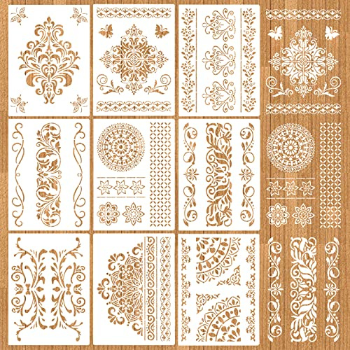 MWOOT 9 Piezas Mándala Flores Stencils Plantillas Pintura, Reutilizable DIY Mandala Flowers Painting Templates, Dibujo Plantillas Accesorios para Pintar en Scrapbooking Pared Tela Decoración(28x21CM)