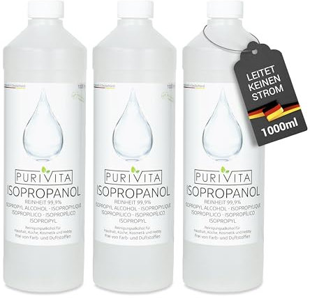 PURIVITA® Alcool Isoproilico 99,9% [3x1L] - Alcol Isopropanolo - Isopropyl Alcohol Disinfettante - Alcool Denaturato Etilico - Isopropanol Detergente per Casa, l'industria & l'elettronica