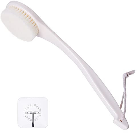 Spazzola per la schiena con manico lungo per doccia, spazzola esfoliante con setole morbide, ergonomica in plastica con gancio e cordino, colore bianco crema