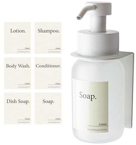 Designfabrik Hamburg | Glas Seifenspender mit Wandhalterung selbstklebend | Edelstahl-Pumpspender für Flüssigseife | Spülmittelspender ohne Bohren | Mit Wandhalter | Weiß/Frost