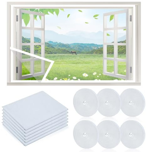 6 Stück Insektenschutz Fenster, Aktualisierung Insektengitter 1,5m x 2,0m mit 6 Rollen Selbstklebendem Klettband, Fliegengitter-Netze (6pcs Weiß, 1,5m x 2,0m)