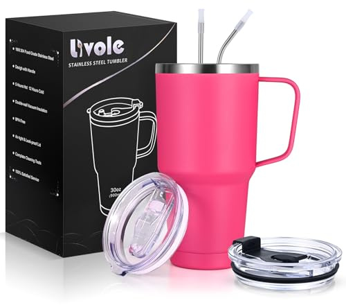Livole Termosmugg på 30 oz, 900 ml, dubbelväggig termosmugg med sugrör och handtag, rostfritt stål isolerad campingmugg med handtag, kaffemugg to go termo, dryckesmugg för kaffe, cocktail, rosenröd
