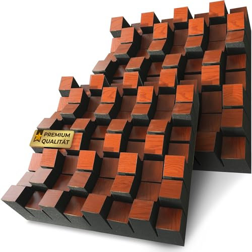 Lot de 2 panneaux acoustiques en mousse acoustique - Pour améliorer l'acoustique de la pièce - Aspect bois - Chêne rouge - Avec dos autocollant (Easy Peal Off) - En forme de vague