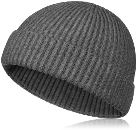Samserot Wool Short Fisherman Beanie for Men Women, Knit Cuff Trawler Beanie Caps Winter Warm Hats Gray