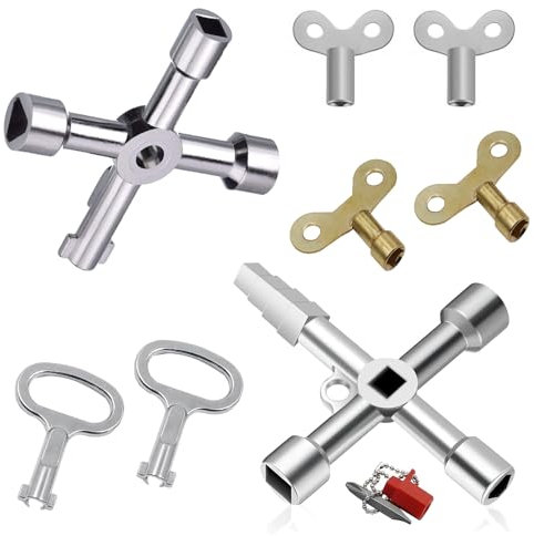 AHEJIOO 8 Pcs Set, Heizungsentlüftungsschlüssel Set – 4 Wege Kreuzschlüssel, Schaltschrankschlüssel, 4 Kant Schlüssel, Wasserhahn Schlüssel, Universalschlüssel für Heizkörper, Stromzähler und Aufzüge