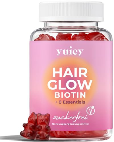 yuicy® 10.000* µg Biotin hochdosiert - Zuckerfreie Haar Vitamine mit Niacin, Vitamin C, Zink für Haut Haare Nägel - Haarwachstum Beschleunigen - Yuicy Hair Glow Haarvitamine Vegan 60 Stück