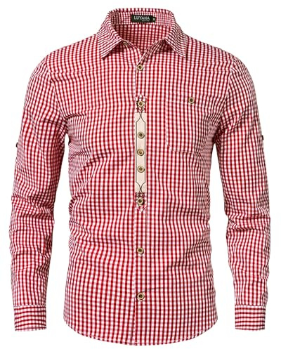 LUYANA Camicia a maniche lunghe con tasca, da uomo, Oktoberfest, per il tempo libero, Colore: rosso, XL