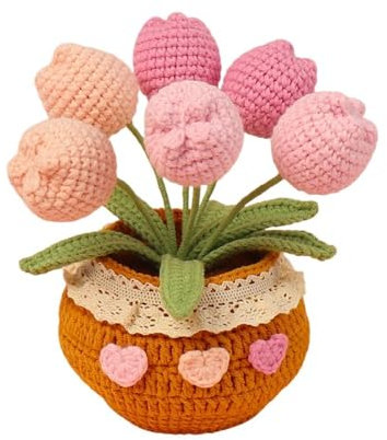 HFYRBDKSPI Piante in Vaso Tulipano lavorate a Mano, Mini Fiori Intrecciati in Vaso Lavorati a Maglia Artificiali per la Decorazione dell'ufficio Domestico,Viola,10 * 10 * 15cm