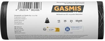 GASMIS Müllbeutel mit Zugband 35L – 1 x 15 Stück | Recycling Abfallsäcke 23 µm, reißfest & dicht | Mülltüten für Küche, Bad & Büro | 1 Rolle