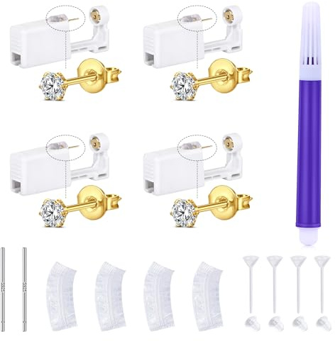 LAURITAMI Pistola Orecchini Usa e Getta,4 Pezzi Set Unisex per Forare i lobi delle Orecchie con Strumenti, Pistola Piercing Set per Piercing da Usare a Casa con Orecchini a Bottone CZ da 3mm