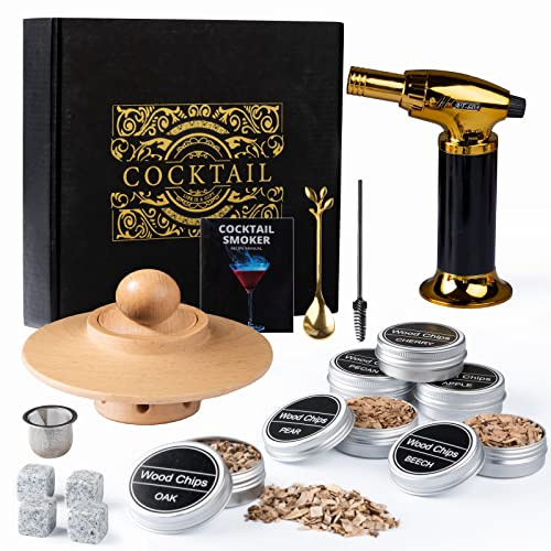 Kit Whisky Smoker – Set Regalo Old Fashioned Cocktail con 6 Tipi di Legno, 4 Pietre da Whisky in Granito, Bruciatore & Accessori per Amanti di Whisky e Cocktail (Senza Butano)