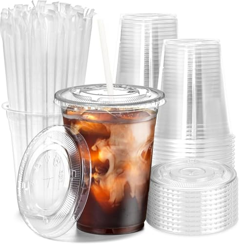 KAHEIGN 50 Piezas Vasos de Plástico Transparente con Tapa Y Pajitas de Papel, 480ml Vaso Reutilizable de Plástico para Café Elegantes Vasos para Café Helado Batidos Bebidas Frías Fiestas Catering