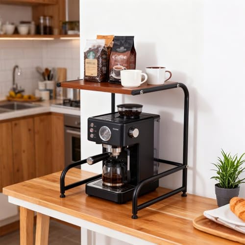 SUNNYNEST Microwave Shelf Cupboard Organiser Multi-Functional Kitchen Countertop Organizer Rack Metal and Wood Appliance Stand for Coffee Machine Toaster Electric Pot Space-Saving Kitchen (Black)