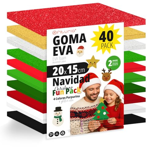 OFITURIA 40-pack EVA-gummi, julfärger, 20 x 15 cm, 10 blandade färger, för skola eller yrke, EVA-gummi (julsortiment)