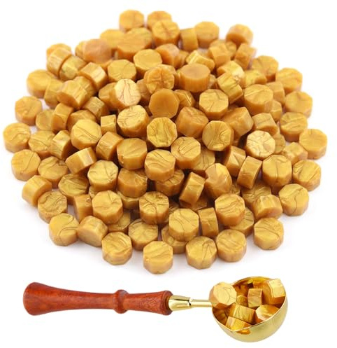 Hontaog 200 Perles de Cire à Cacheter Or avec Cuillère de Fusion, Kit Sceau Cire Cachet pour Enveloppes Invitations Cartes Cadeaux Bouteilles Vin DIY Décoration Mariage