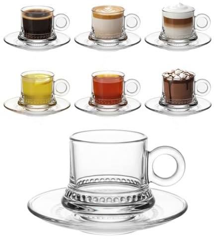Oceano Set 6 Tazzine da Caffè in Vetro Trasparente con 6 Piattini Design Moderno a Pois in Rilievo Ideale per Espresso, Caffè macchiato, Marocchino, Macha Vetro Resistente al Calore 12Pz 75ml