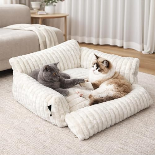 Skylos Extended Cat Sofa Bed, 60×55x32cm Large Cat Beds, Washable Soft Fluffy Puppy Couch for Small Dogs with Head and Neck Support, Cream White