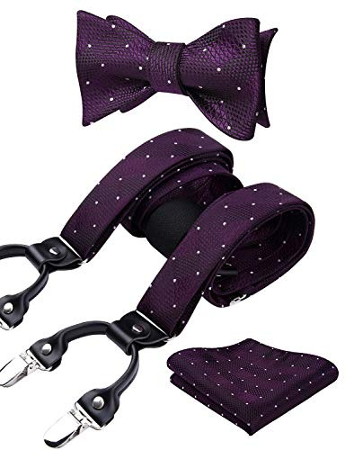 HISDERN Bretelle da uomo set papillon e fazzoletto Y Regolabile 6 Clip Modello classico