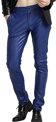 Yeokou Men's Skinny Straight Leg Tapered Pu Faux Leather Motorcycle Biker Pants (32, Blue)
