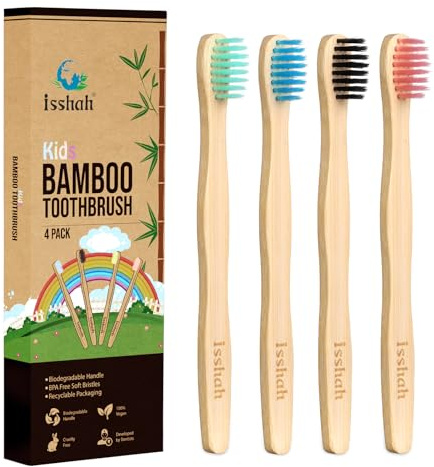 Isshah Spazzolini da denti in bambù per bambini, manico biodegradabile, senza BPA, ecologico, per bambini, confezione da 4 (setole in nylon morbido spirale)