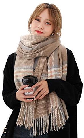 MIAOHAIYAN Schal Damen Kaschmir Kariert Schal Winterschal Tartan Schal Übergroßer Weicher Warmer Umschlagtuch Poncho Schal mit Quasten,Kaffee