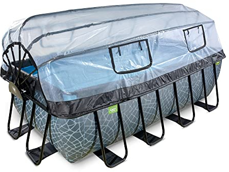 EXIT TOYS Piscine Stone avec dôme - 400x200x122cm - Grande Piscine rectangulaire avec Pompe à Filtre à Sable, Pompe à Chaleur et échelle - Extra Profonde - Eau de Piscine Propre et Chaude - Gris