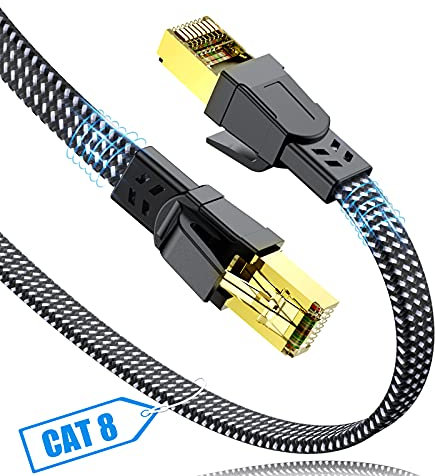 SWECENT CAT 8 Outdoor Ethernet Cable 15M, Waterproof Flat Gigabit RJ45 PS5 Gaming High-Speed Patch Network, Braided Cord for LAN Compatible with PC, PS5/4, Game Console, Modem, Router, Smart TV
