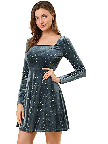 Allegra K Femmes Robe Courte Vintage Velours Col Carré Étoiles Gris XS