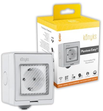 Presa connessa da esterno Konyks Pluviose Easy EU - WiFi + Bluetooth, IP 55, 16A, 3680W, contatore di consumo, compatibile con Alexa e Google Home, automazioni facili