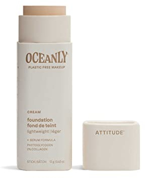 ATTITUDE Oceanly Plastic-Free Light Coverage Foundation Stick, Titanium Dioxide-Free, EWG Verified, Vegan Makeup, Cream, 12 grams