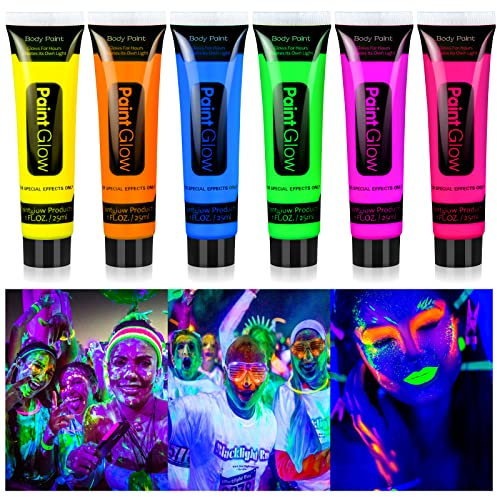 Teekerwan 6 pinturas faciales y corporales luminosas, conjuntos fluorescentes de neón negro ultravioleta pintados en la cara y la piel luminosas, 6 tubos, fáciles de limpiar (01)