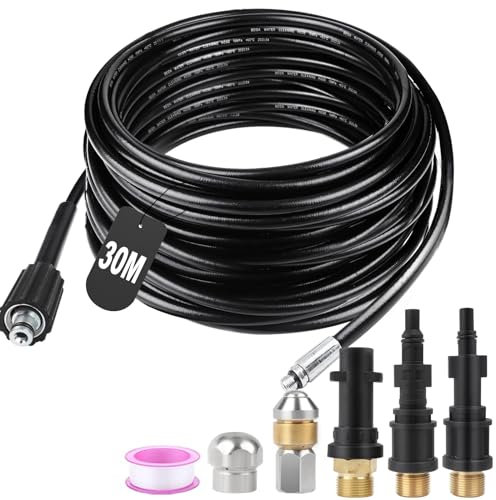 SWAWIS Déboucheur Canalisation Haute Pression 30M 180bar - Tuyau Flexible Nettoyeur Avec 2 Buses 3 Adaptateurs Pour Kärcher K2-K7 Lavor Parkside Bosch