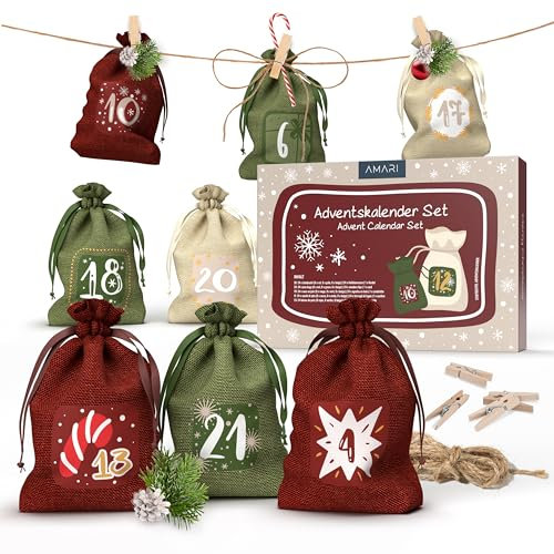 AMARI ® Adventskalender zum Befüllen Stoff - 24 Jutesäckchen (mit Holzklammern und Kordel) zum Basteln für Weihnachten - Stoffbeutel Adventskalender wiederverwendbar